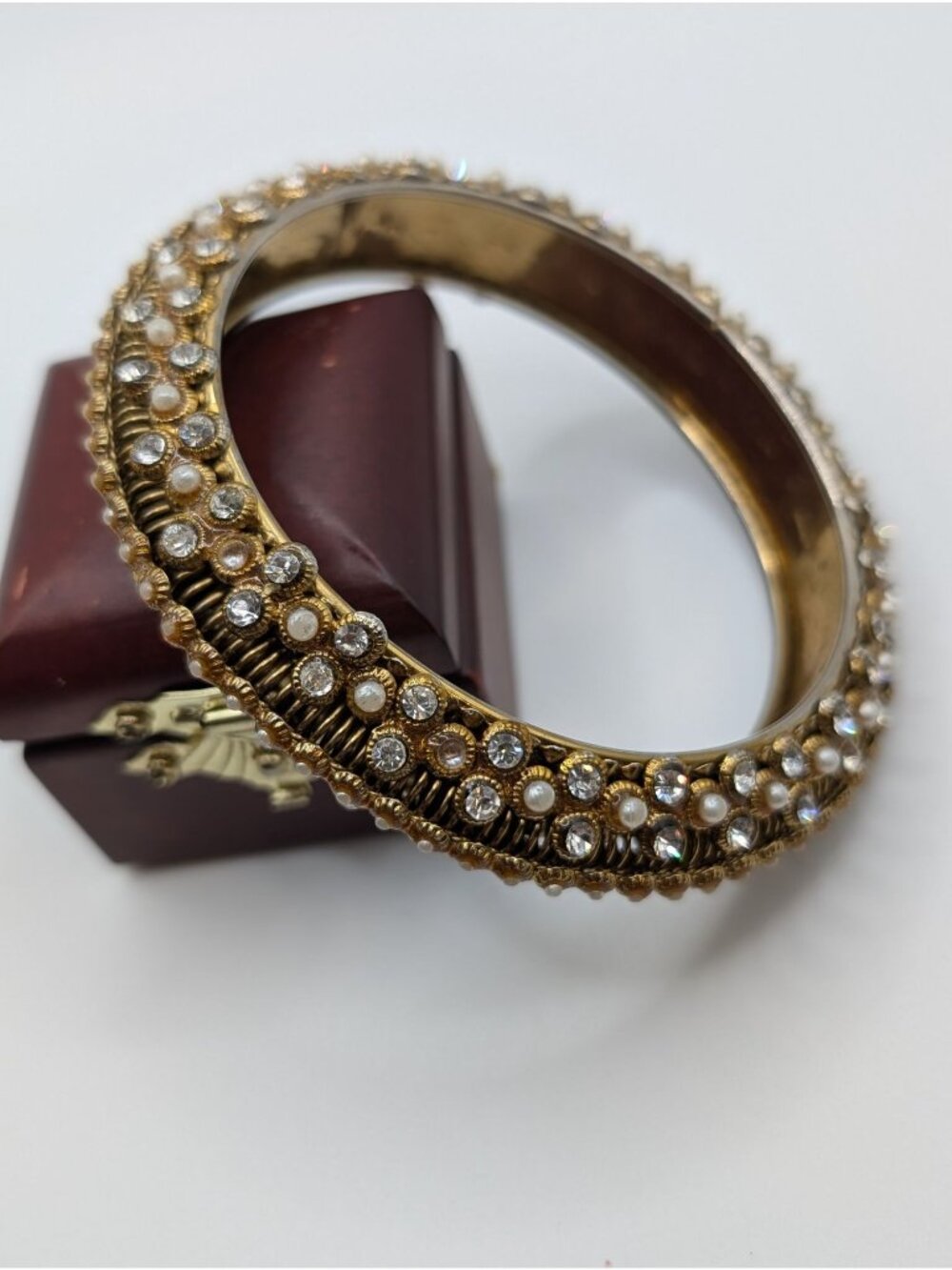 Vintage Gold-tone Kundan Bangle Bracelet Studded with Rhinestones & Faux Pearls
